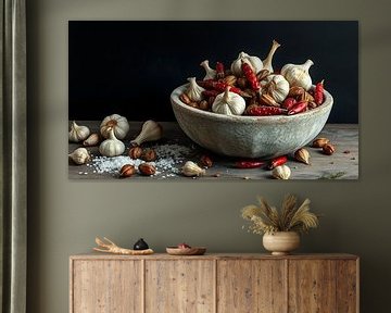 A still life of spices in old bowl. by J.a Dijkstra