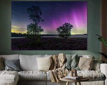 Magische Nacht auf der Heide: Perseidenregen und Nordlichter über einer mystischen Landschaft von Hevonax Photography