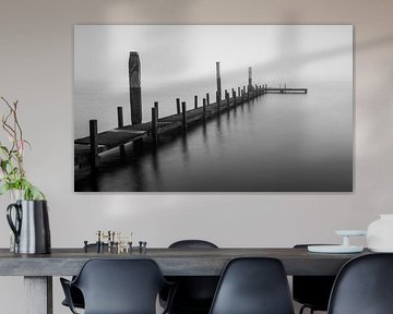 Misty Morning with Wooden Scaffold: A Timeless Black and White Composition by Hevonax Photography