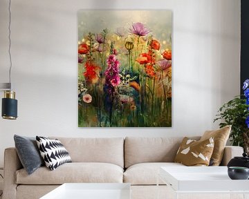Zomers schilderij van een veld met klaprozen en stokrozen. van Studio Pieternel