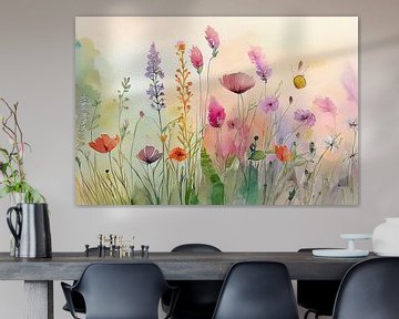 Sereen lente schilderij: Wilde bloemen in het gras in pasteltinten van Studio Pieternel