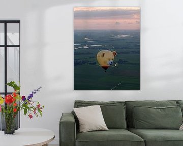 Montgolfière au-dessus des prairies frisonnes au coucher du soleil sur Ewold Kooistra