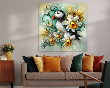 Macareux et jonquilles - Art symbolique des animaux spirituels