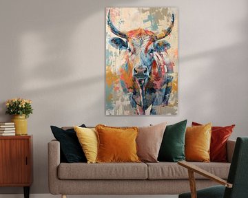 Krachtige Blik Stier in Abstracte Kleuren van Eva Lee
