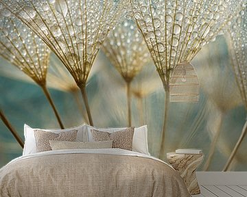 Gold - brown fluff with water droplets with petrol background by Marjolijn van den Berg