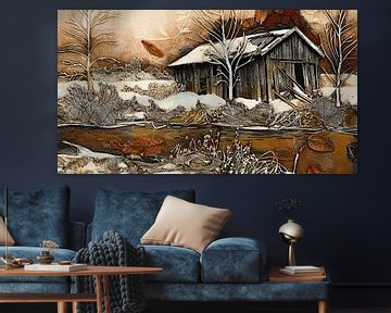 Winter rivierlandschap met hut van Nick Wendt