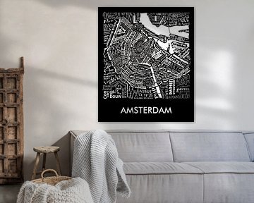 Amsterdam schwarz-weiß typografisch: Karte mit A'dam Turm