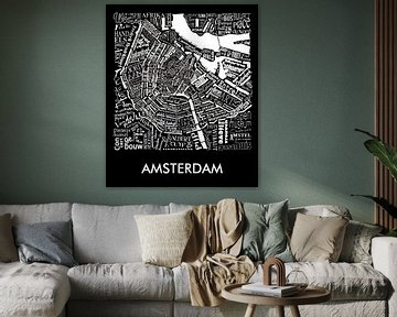 Typographie d'Amsterdam en noir et blanc : Plan avec la tour A'dam