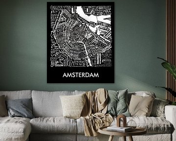 Amsterdam zwart- wit typografisch: Plattegrond met A'dam toren