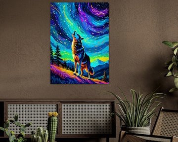Wolf huilende sterrennacht 2 van MIROKKU
