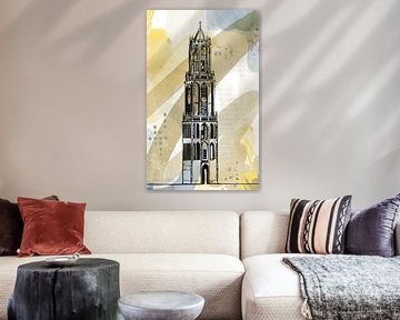 Domtoren met aquarelachtergrond van Janet Edens