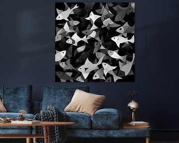 Zwart-witte abstracte vissen | Kaleidoscoop Magie van Karina Brouwer