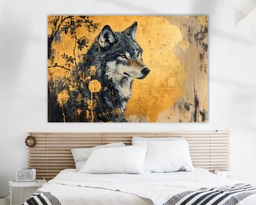 Wolf schilderij met gouden details en diepe uitstraling van Digitale Schilderijen