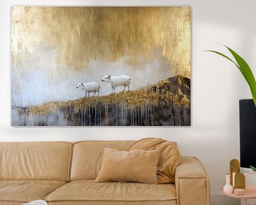Varkens op een gouden heuvel schilderij wanddecoratie van Digitale Schilderijen