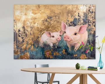 Schattige biggetjes met gouden achtergrond wanddecoratie van Digitale Schilderijen