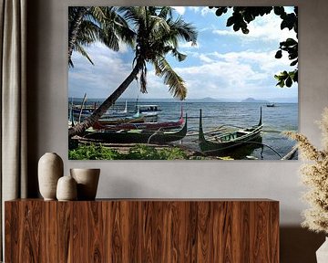 Traditional boats in front of the Taal volcano by Frank Photos