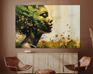Vrouwenportret Schilderij | Dream in Gold and Green van Kunst Kriebels