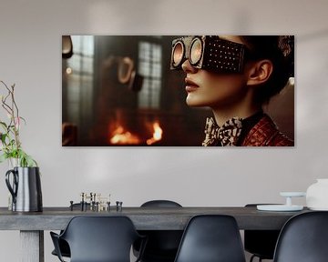 Steampunk vrouw met gloeibril in werkplaats van Frank Heinz