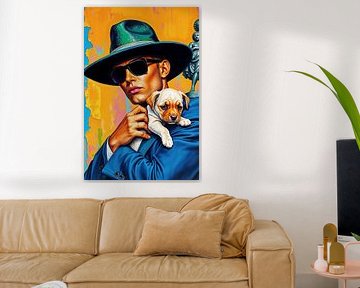 Elegant man in a suit with a puppy in his arms by Liona Toussaint
