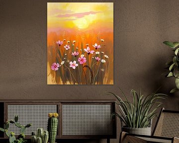 Golden Hour Meadow: een landschapschilderij met bloemen van Artistic