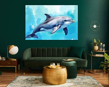 Illustration d'un dauphin nageant dans l'eau bleue de l'océan sur Markus Gann