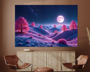Roze bomen op glooiende heuvels onder volle maan fantasieland van Markus Gann