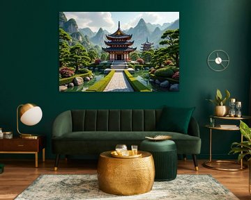 Verken een serene Japanse tuin met traditionele pagode templ van Markus Gann