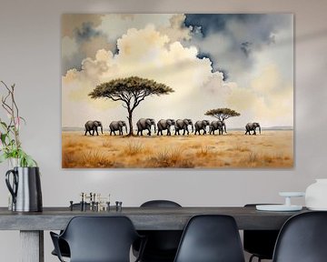 Troupeau d'éléphants d'Afrique marchant dans la savane lors d'un spectaculaire soleil sur Markus Gann