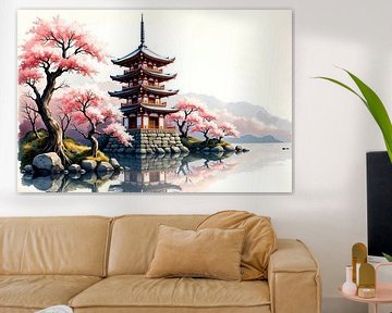 Prachtige japanse pagode omringd door kersenbloesems reflecti van Markus Gann