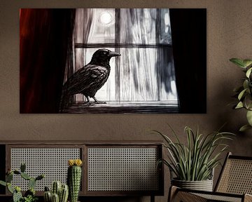 Corbeau sur un rebord de fenêtre au clair de lune sur Frank Heinz
