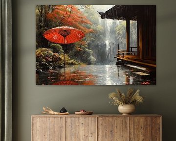 Japanese house with parasol in the rain by Egon Zitter