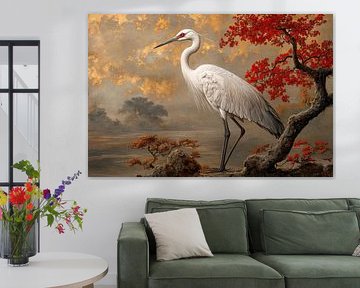 Japanischer Kranich in Landschaft
