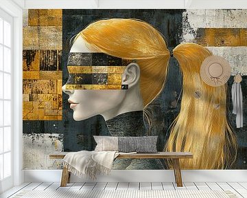 Goldene Frau | Frau mit goldenem Haar und Maske von Kunst Laune