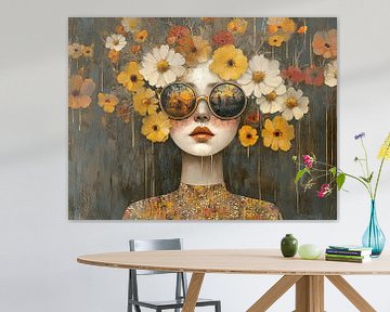 Bloemen vrouw | Vrouw en kleurrijke bloemenkrans van Kunst Kriebels
