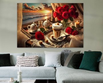 Placemats met rode rozen en uitzicht op zee van Segaspics