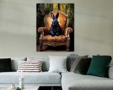 Black rabbit on an art deco armchair by Martine Affre Eisenlohr