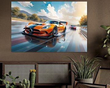 Oranje sportwagen rijdt te hard op nat circuit