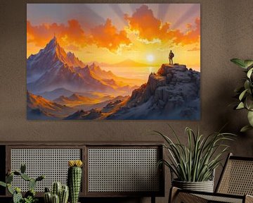 Wandelaar staand op bergtop bewondert dramatische zonsondergang over oc van Markus Gann