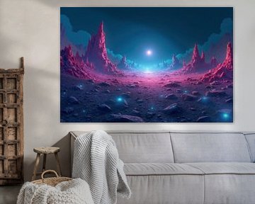 Roze buitenaards planeetlandschap met gloeiende rotsen en verre zon van Markus Gann