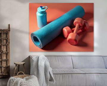 Fitnessapparatuur inclusief yogamat, halters en waterfles op oranje achtergrond van Markus Gann