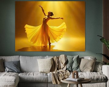 Jonge sierlijke ballerina dansend in gele jurk en gouden hert van Markus Gann