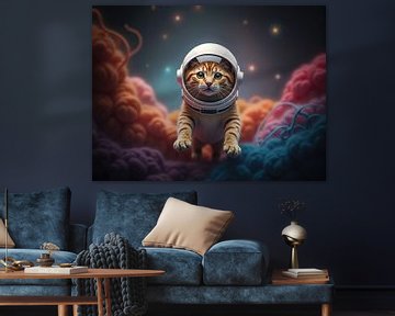Schattige kattenastronaut zwevend door kleurrijke nevelwolken i van Markus Gann