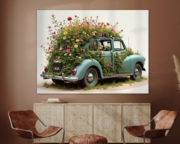 Classic car covered in flowers and plants symbolizing nature tak by Markus Gann