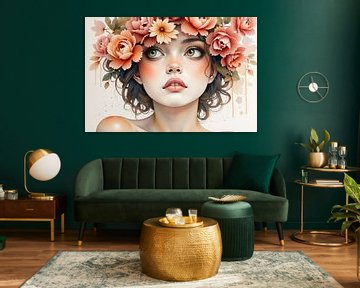 Mooie vrouw die met bloemenkroon op witte achtergrond poseert van Markus Gann
