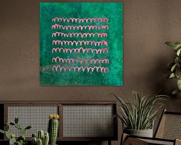 Abstract and modern, Organic shapes, Green and Pink. Mixed media
