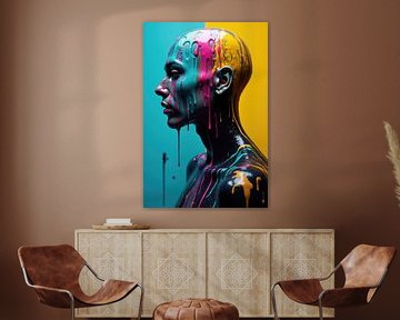 Model poseert met druipende verf op kleurrijke achtergrond van Markus Gann