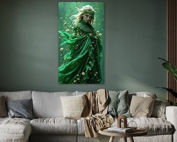 Mooie blonde vrouw die groene kleding draagt die met goud en bloemen wordt geborduurd die in bos poseren