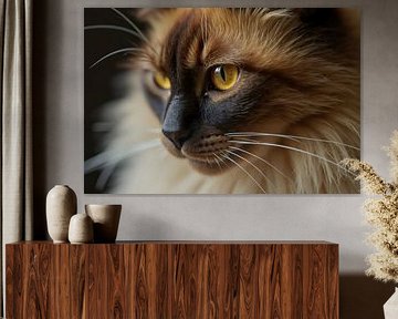 Bruine kat met gele ogen die zijn snorharen en lange vacht laat zien