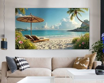 Ontspannend tropisch strand met palmbomen, parasol en ligbedden van Markus Gann