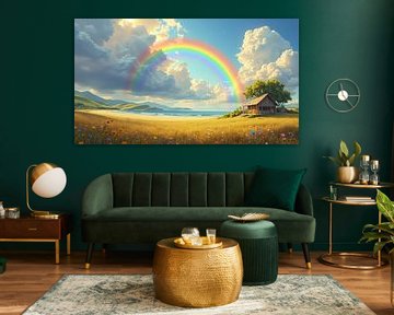 Regenbogen leuchtet über idyllischer Strandlandschaft mit Holzhütte
